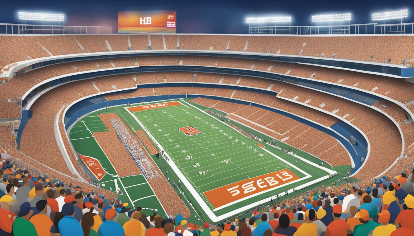 A bustling sports stadium with HEB logos prominently displayed alongside Texas sports teams and athletes