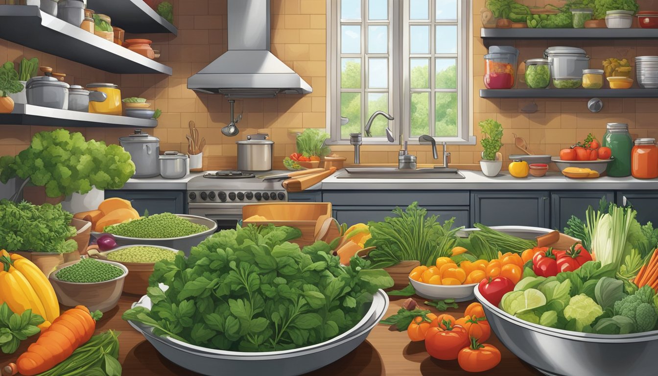 A bustling kitchen with vibrant, fresh ingredients being chopped, cooked, and plated with care. A colorful array of herbs, spices, and produce adds a burst of flavor to the scene