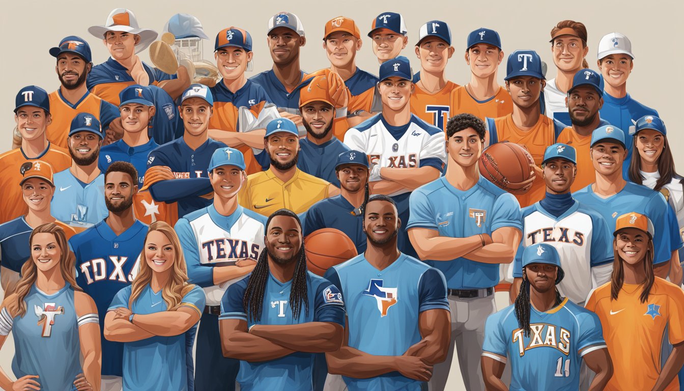 A group of Texas sports teams and athletes standing together with H-E-B logos prominently displayed, representing the grocery store's advocacy for athlete development