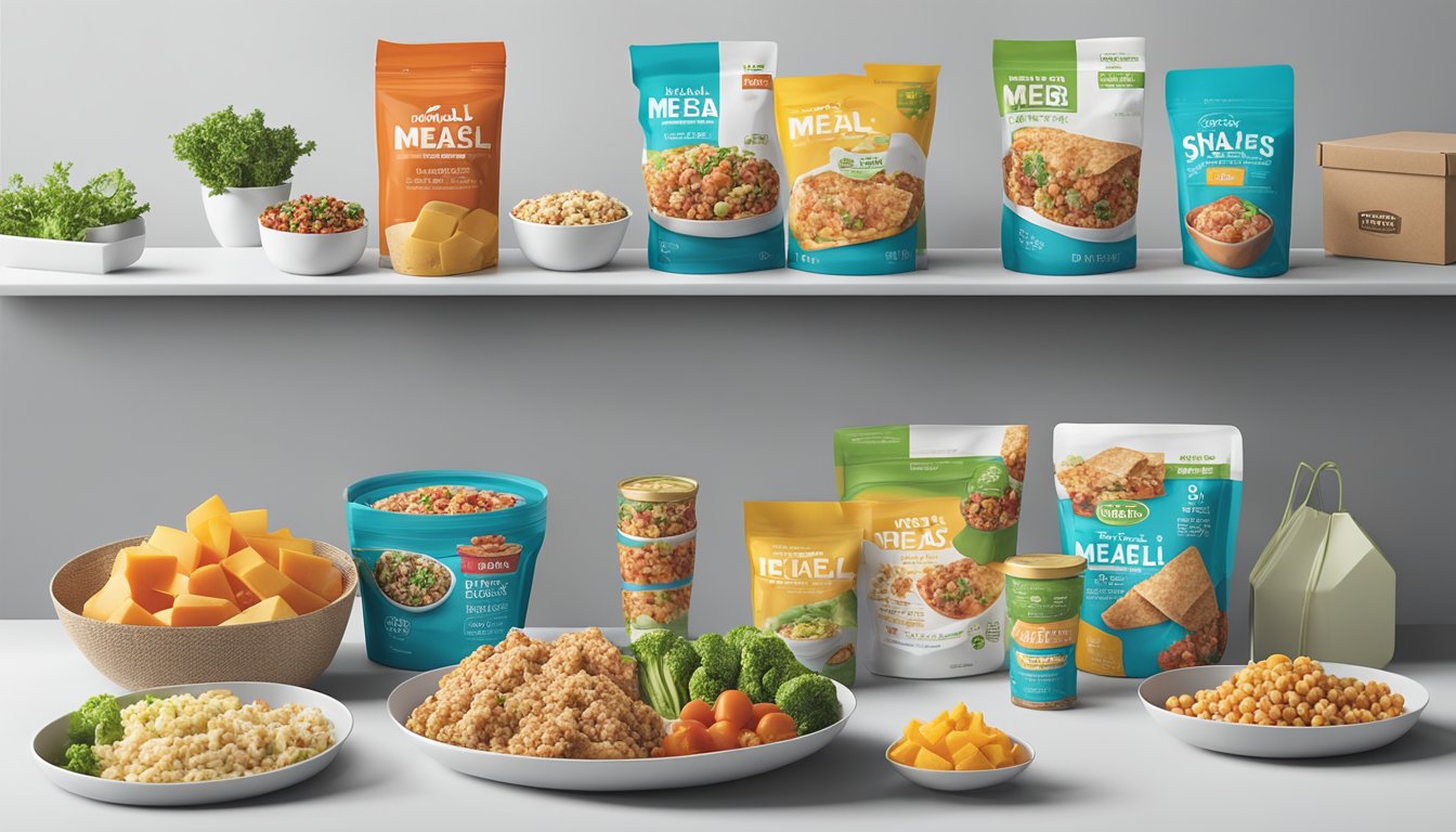 A colorful array of fresh, pre-packaged HEB Meal Simple meals and snacks displayed on a clean, modern countertop