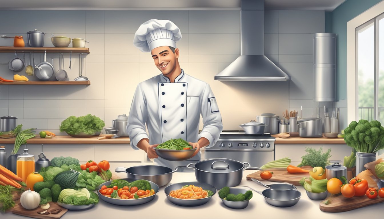 A chef carefully prepares a gourmet meal in a modern kitchen, surrounded by fresh ingredients and high-quality cookware, with a focus on efficiency and customer satisfaction