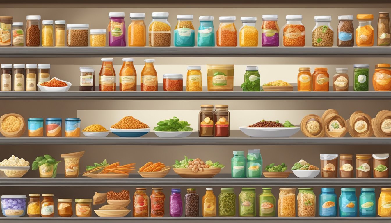 A colorful display of international food products arranged neatly on shelves, featuring a diverse range of flavors and cuisines from around the world