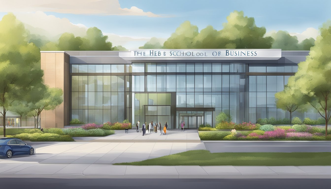 A modern, spacious building with glass walls and a prominent sign reading "The HEB School of Business." Lush landscaping and a welcoming entrance