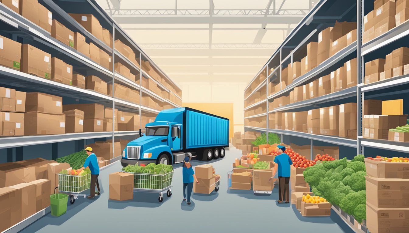 A bustling food bank warehouse with HEB trucks unloading crates of fresh produce and canned goods. Volunteers and staff work together to sort and distribute the donations