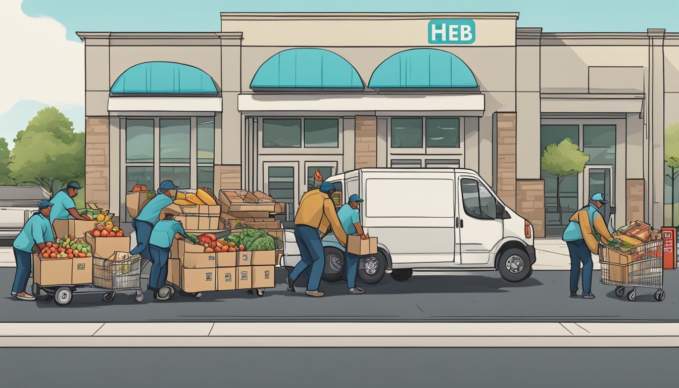 HEB employees loading groceries into a designated curbside pickup area as delivery drivers prepare to transport orders