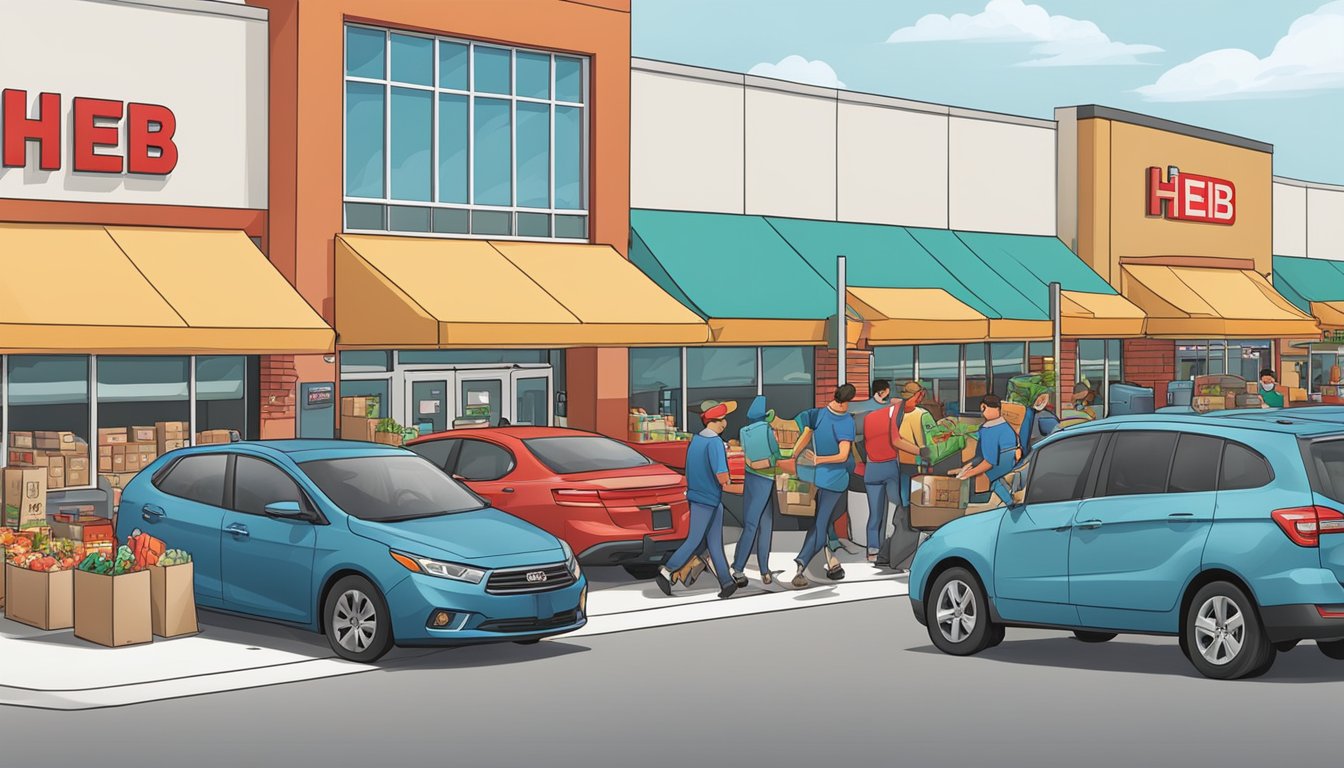 HEB's curbside pickup: a busy store with employees loading groceries into cars, while delivery drivers load up vans