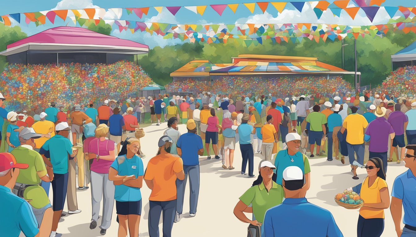 A bustling Texas charity event with diverse participants and vibrant colors, showcasing the HEB Tournament of Champions' support for local charities