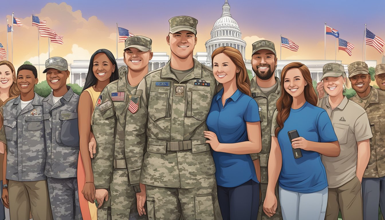 A group of military and veteran families gather at a charity event, surrounded by Texas landmarks and symbols of support