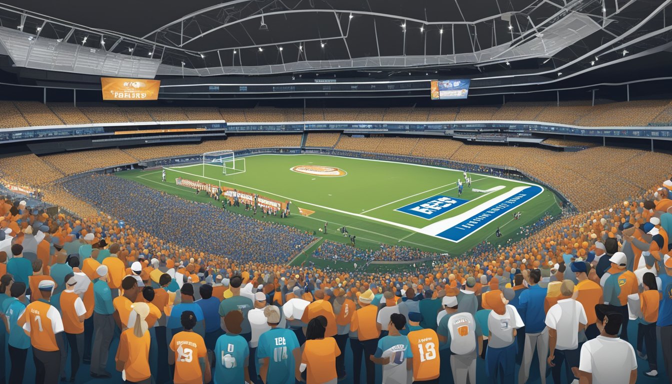 A crowded stadium with banners and logos promoting the HEB Tournament of Champions. Volunteers and staff working together to support Texas charities