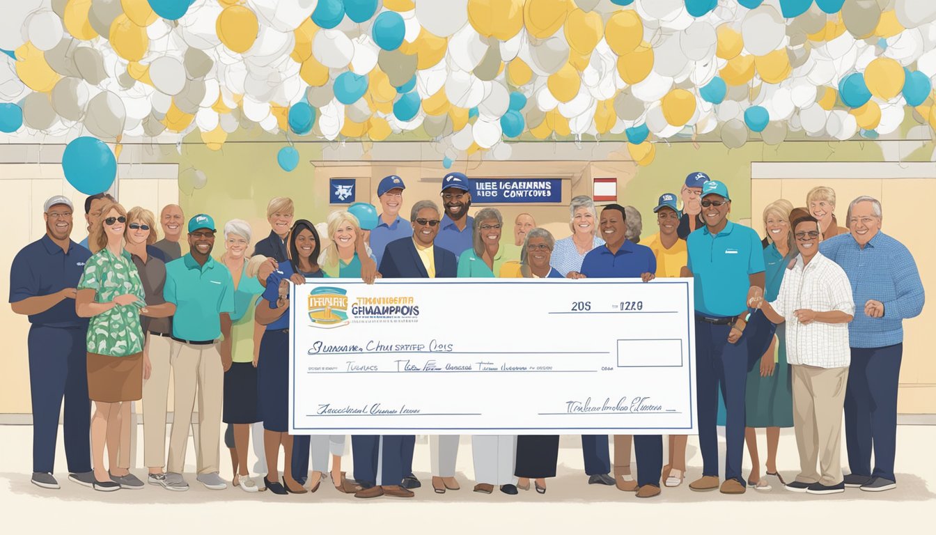 A large check being presented to representatives from various Texas charities at the HEB Tournament of Champions event