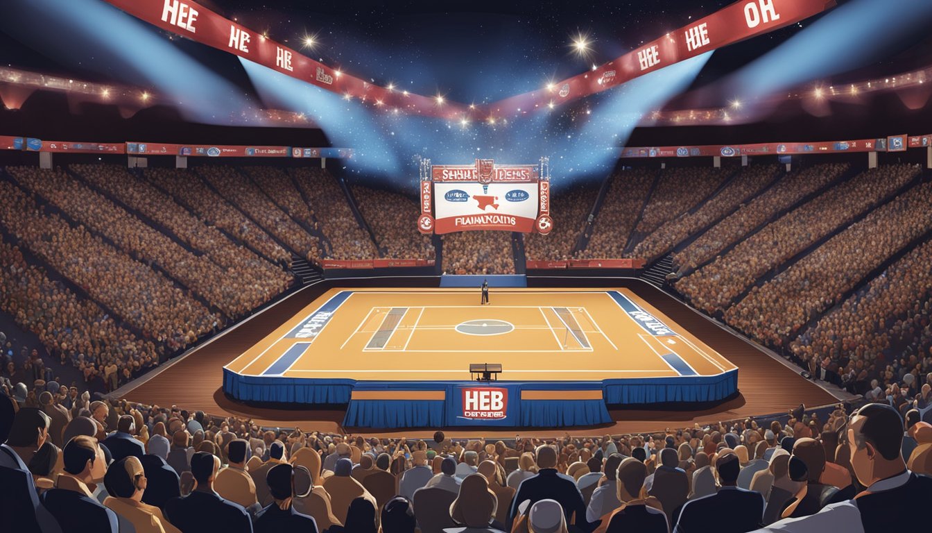 A grand stage with the HEB Tournament of Champions logo, surrounded by Texas charity symbols under a spotlight