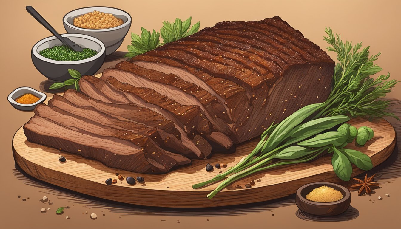 A sizzling brisket sits on a cutting board, surrounded by aromatic herbs and spices. Steam rises from the perfectly cooked meat, enticing the viewer with its mouthwatering aroma