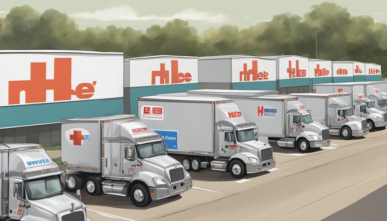 A convoy of HEB trucks and vehicles lined up, loaded with disaster relief supplies, ready to mobilize aid for future disasters in Texas