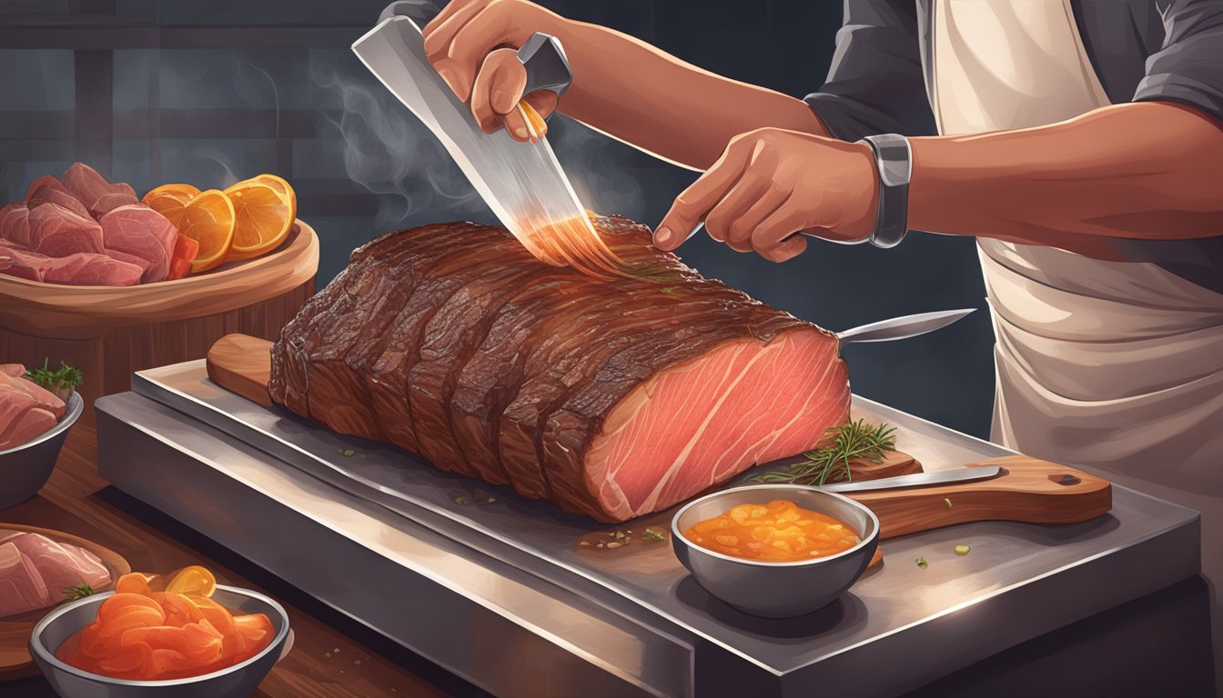 A butcher slicing into a perfectly cooked brisket, with juices glistening and steam rising from the tender meat