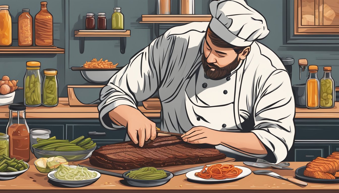 A chef slicing into a perfectly cooked brisket, surrounded by a variety of serving recommendations such as barbecue sauce, pickles, and sliced onions