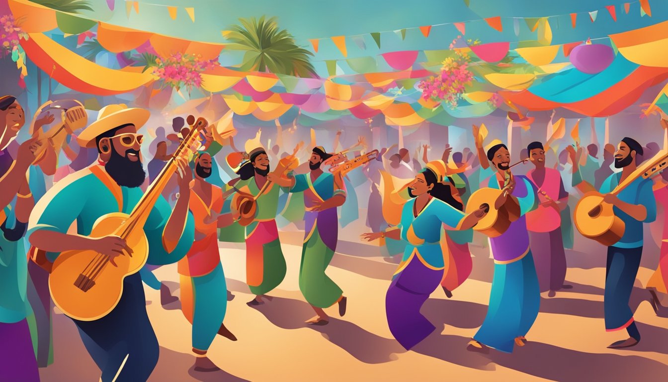 A colorful and lively festival scene with musicians playing traditional instruments, people dancing, and vibrant decorations representing various cultures