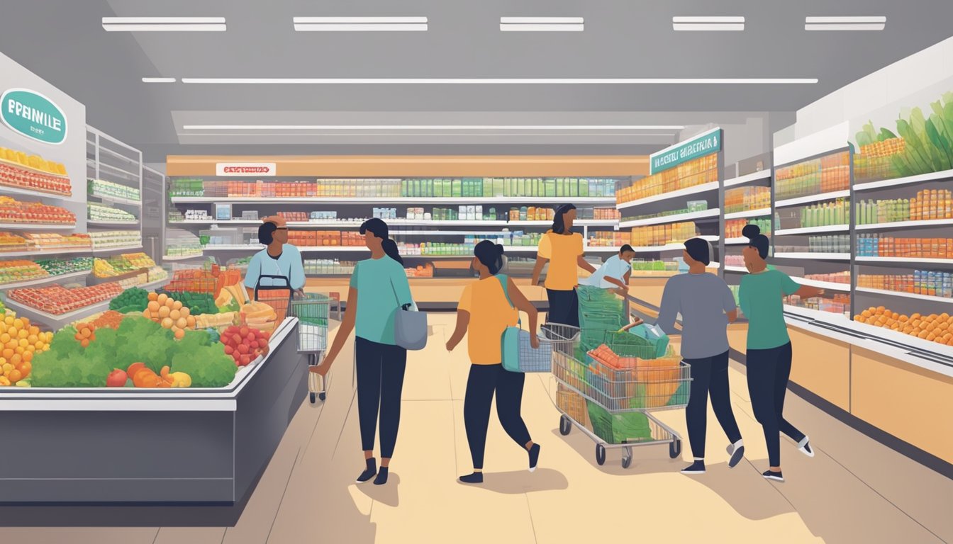 A bustling grocery store with shelves stocked to the brim, customers happily browsing, and employees diligently assisting with a friendly smile