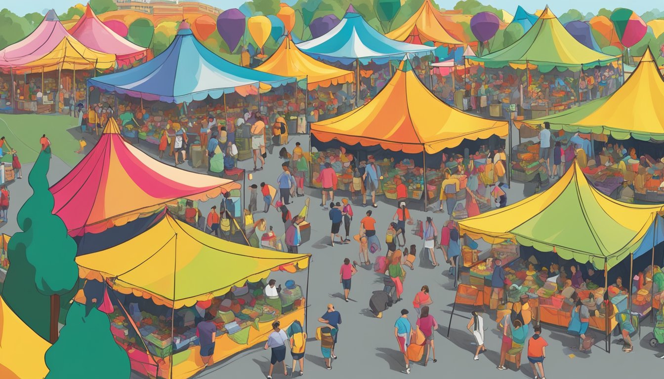 A bustling festival scene with colorful tents, stages, and food vendors, all sponsored by HEB. Crowds of people enjoy music, games, and local culture