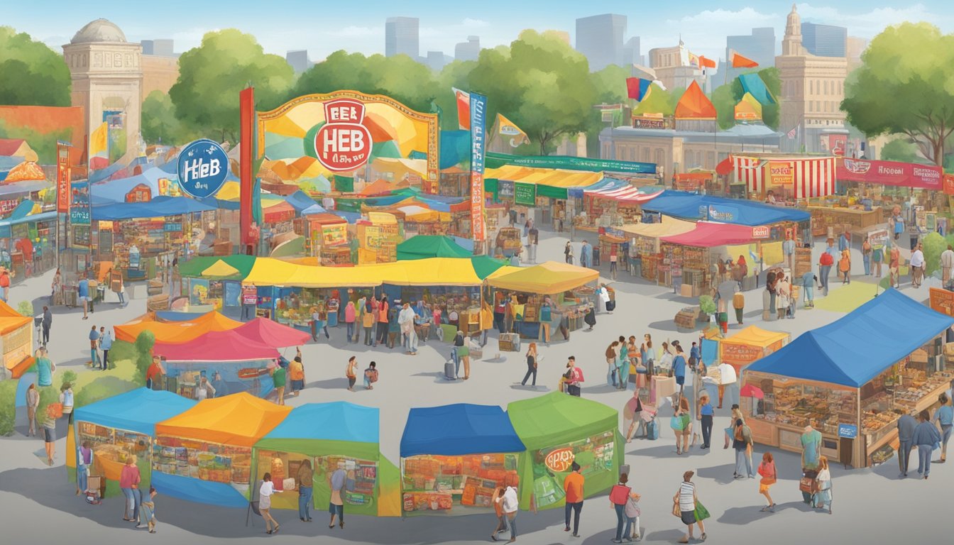 HEB's booth at a bustling Texas festival, surrounded by colorful banners and filled with engaging activities for customers