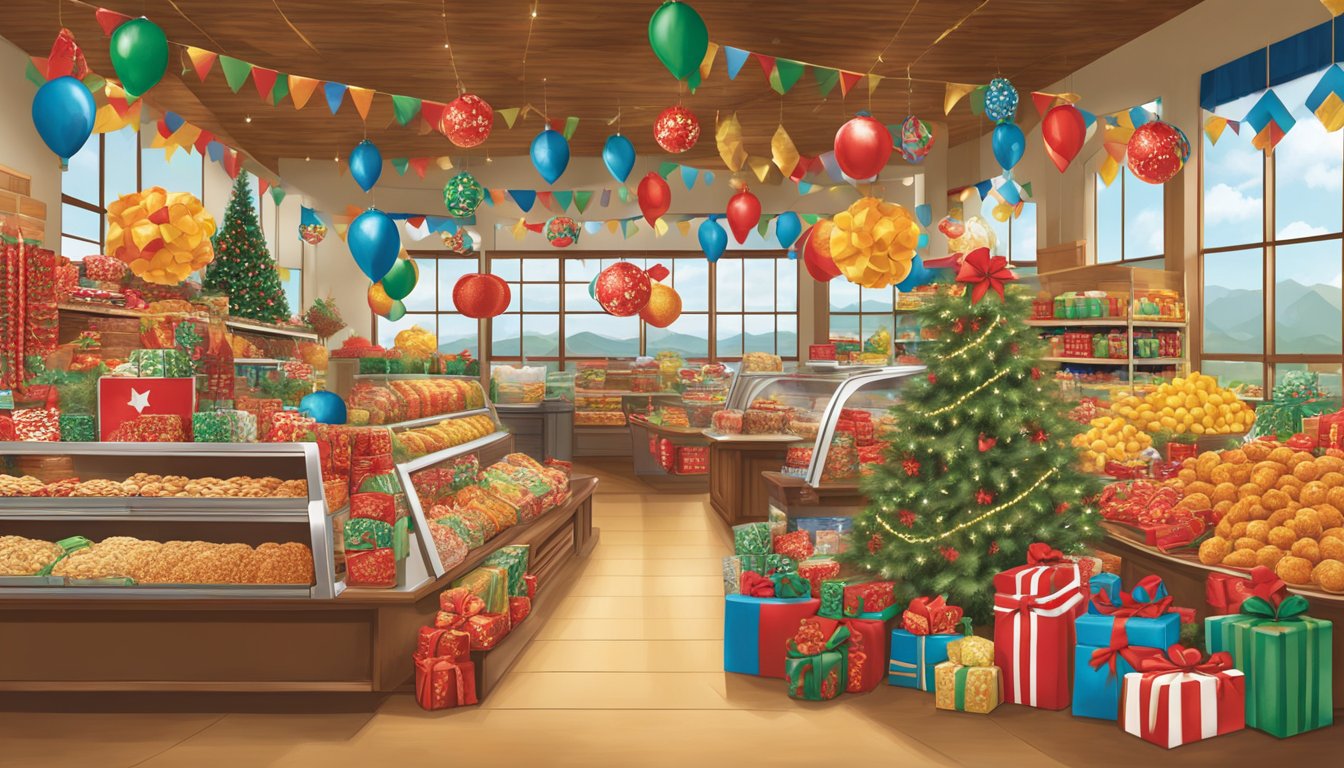 A festive display of H-E-B holiday merchandise, featuring Texas-themed decorations and products arranged in a vibrant and inviting manner