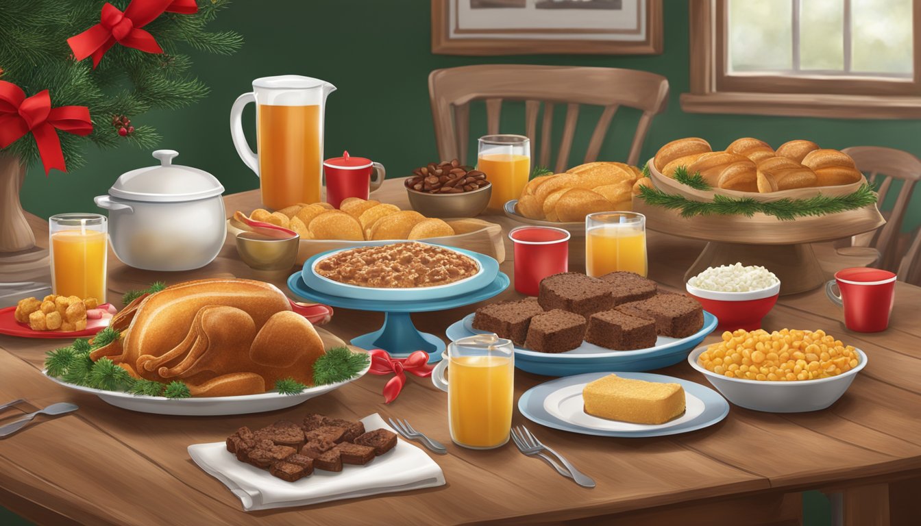 A festive Texas holiday table set with traditional culinary delights and HEB's holiday merchandise on display