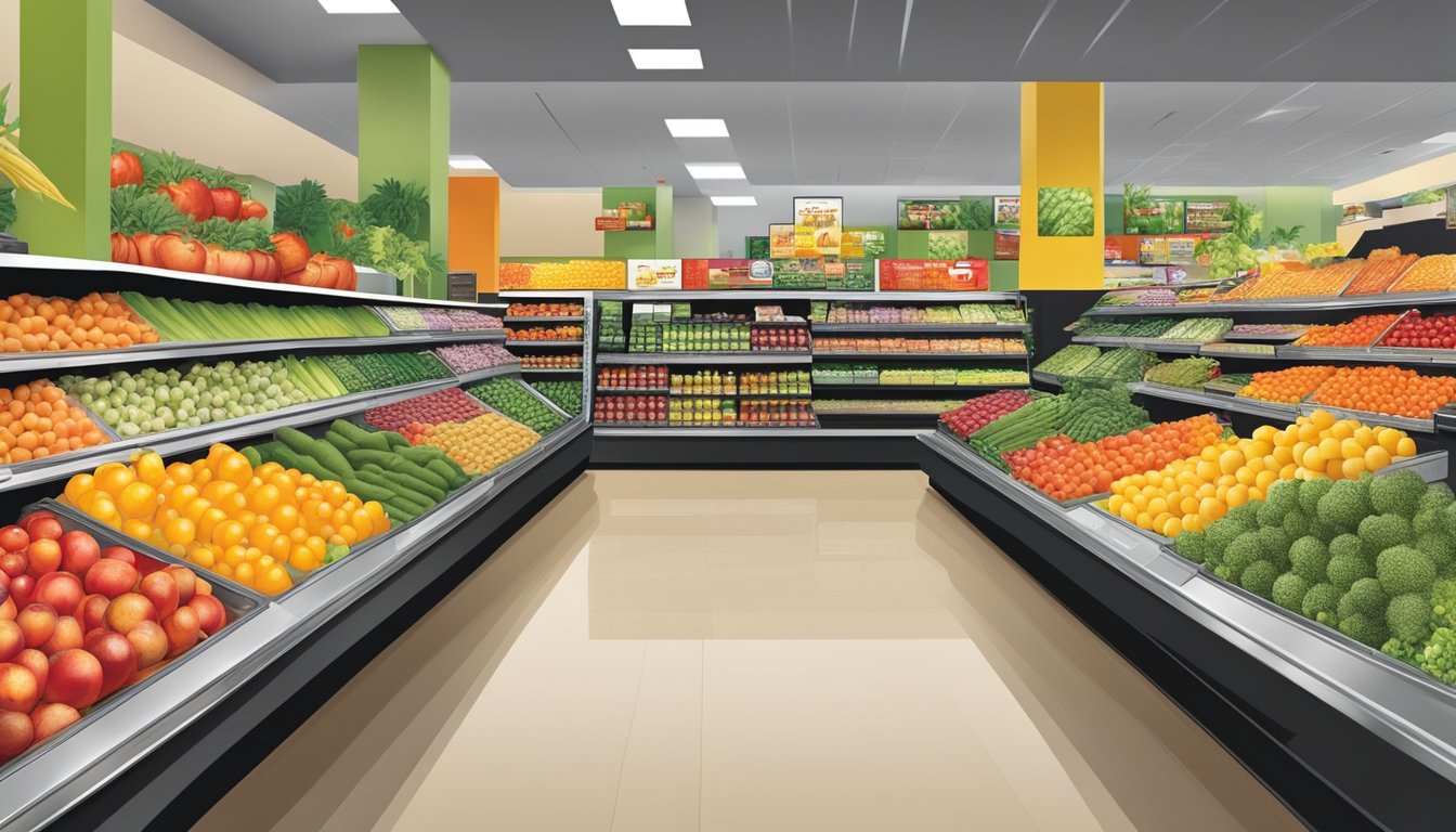 A colorful display of fresh produce and natural food products at an H-E-B store, with vibrant packaging and clear organic labeling