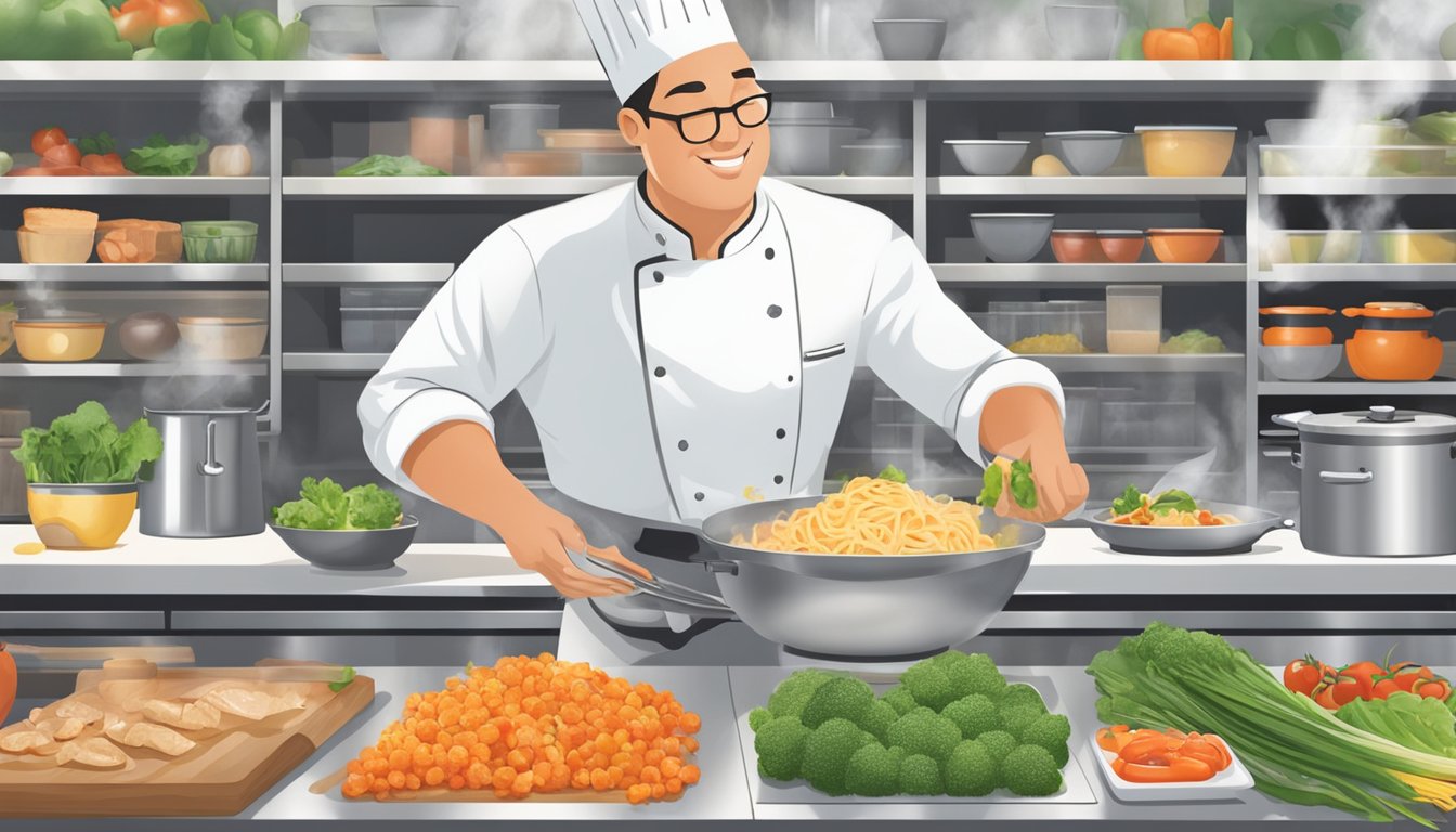 A chef prepares a dish at a demo station in a bustling HEB store, surrounded by fresh ingredients and cooking utensils