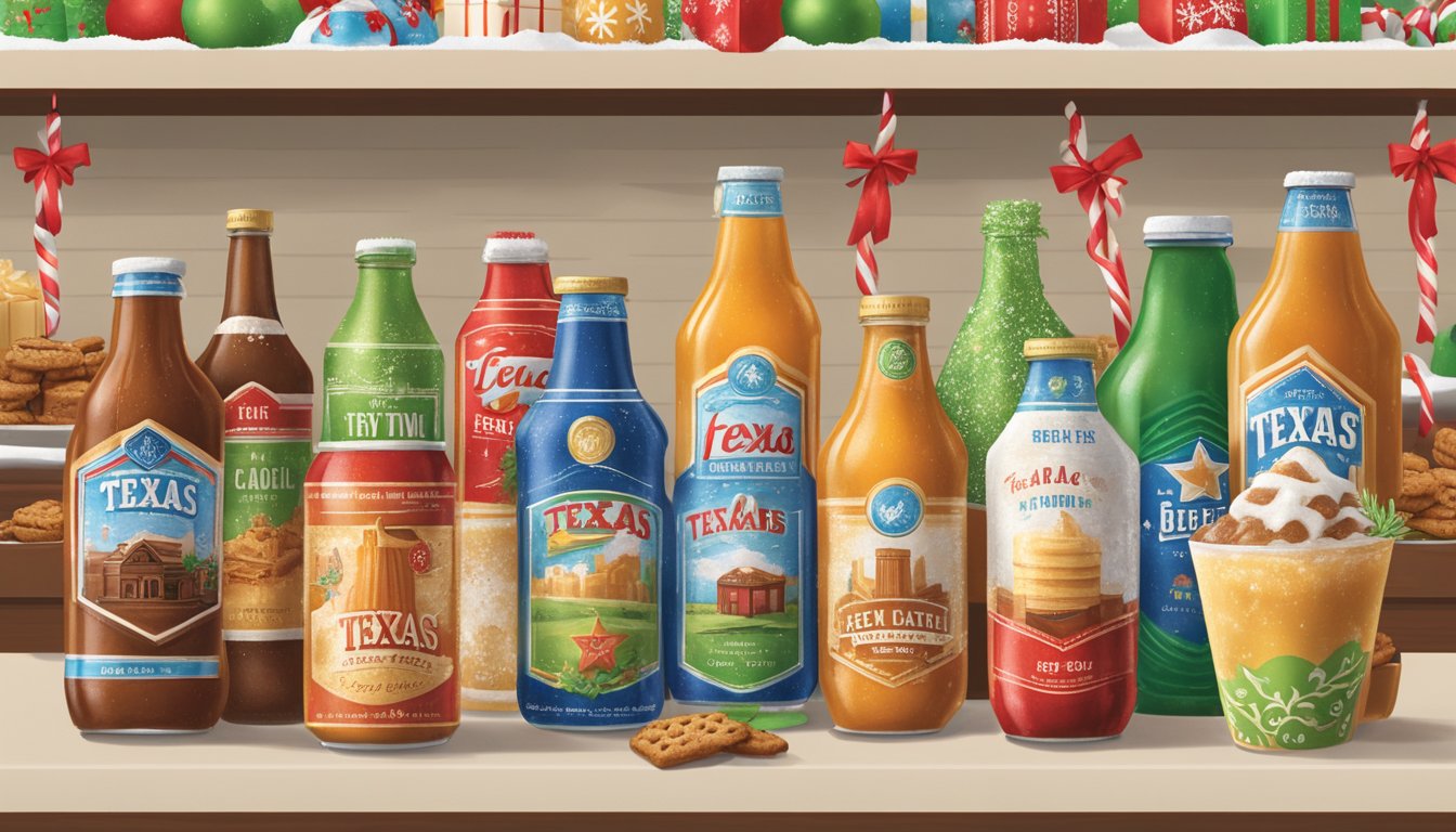 A festive display of Texas-themed holiday beverages at HEB, featuring iconic local flavors and decorations