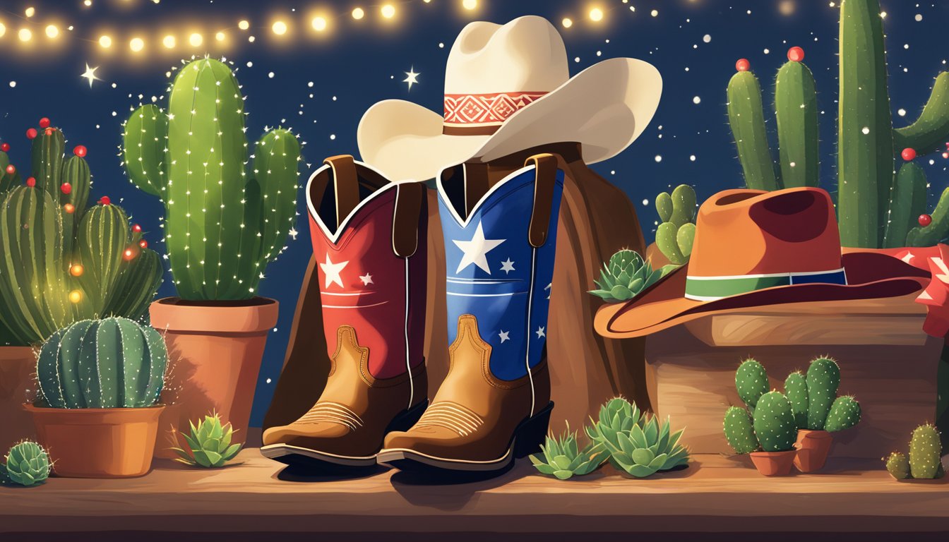 A festive display featuring cowboy boots, cowboy hats, cacti, and a Texas flag, surrounded by twinkling lights and holiday greenery