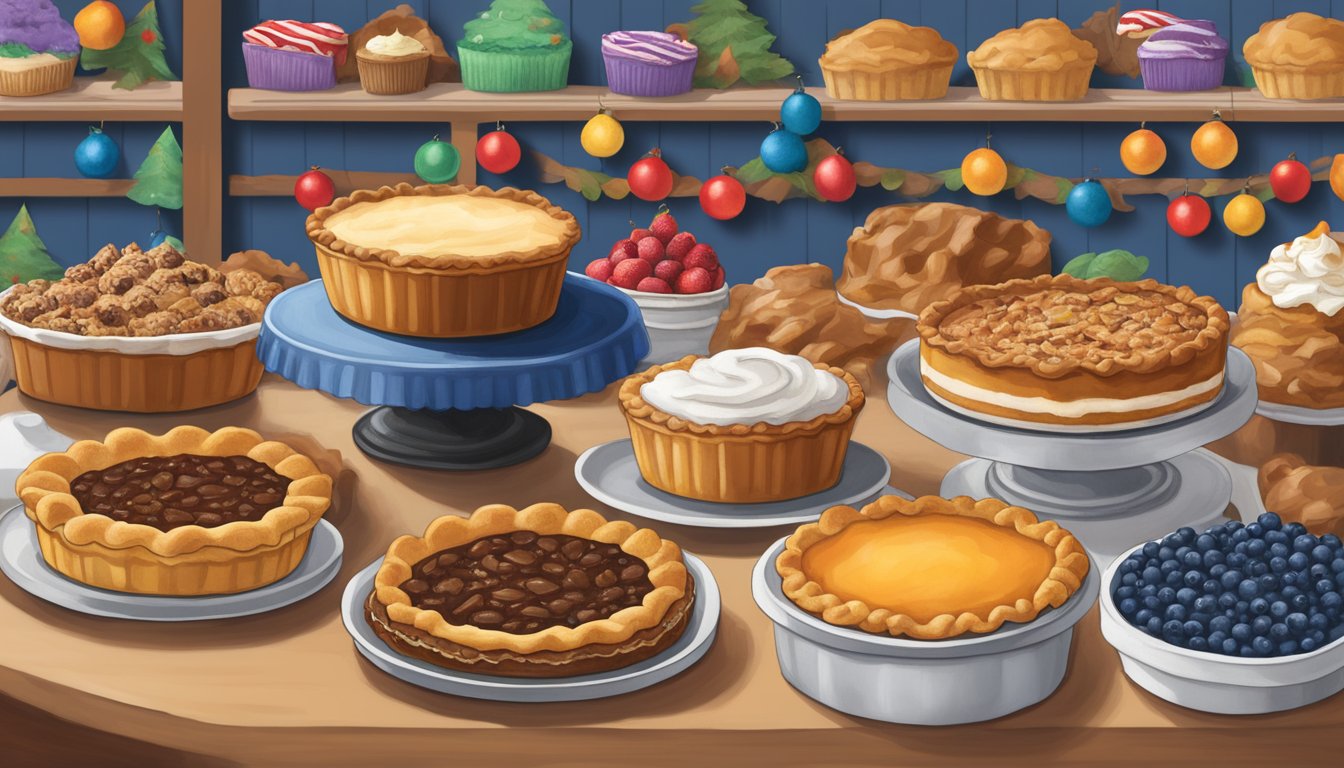 A festive display of Texan desserts, including pecan pie, peach cobbler, and blueberry cobbler, surrounded by holiday decorations at an HEB store