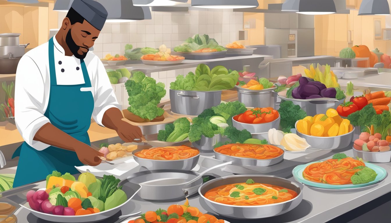 A chef prepares a colorful dish surrounded by fresh produce, cooking utensils, and a display of recipe cards. Customers watch and sample the food