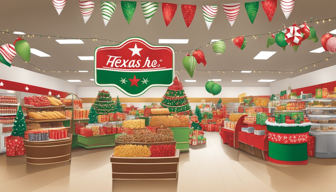 A festive display of H-E-B holiday merchandise, featuring Texas-themed decorations and products, with a warm and inviting atmosphere