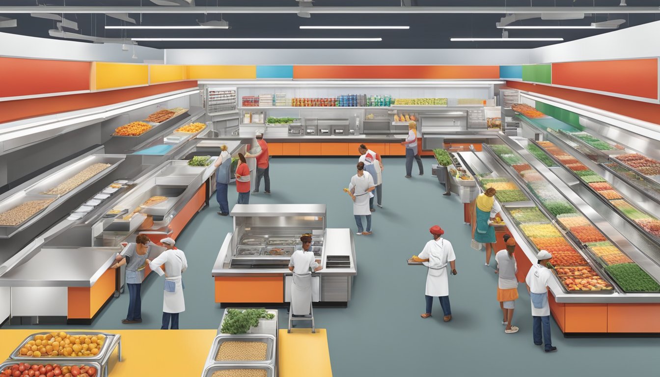 An H-E-B store with a bustling cooking demonstration area, featuring fresh ingredients and engaging digital displays showcasing recipes