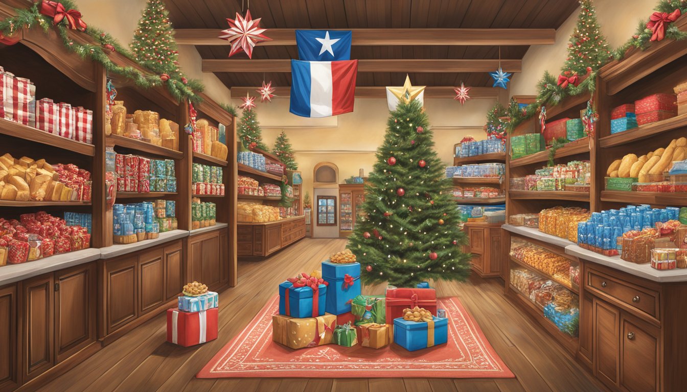 A festive display of Texas-themed holiday merchandise at HEB, featuring cowboy boots, Lone Star decor, and holiday treats