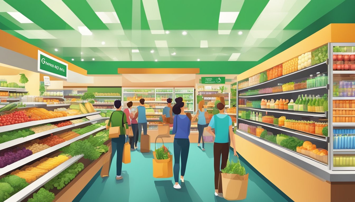 A bustling grocery store with vibrant displays of organic and health food products, attracting a diverse crowd of shoppers