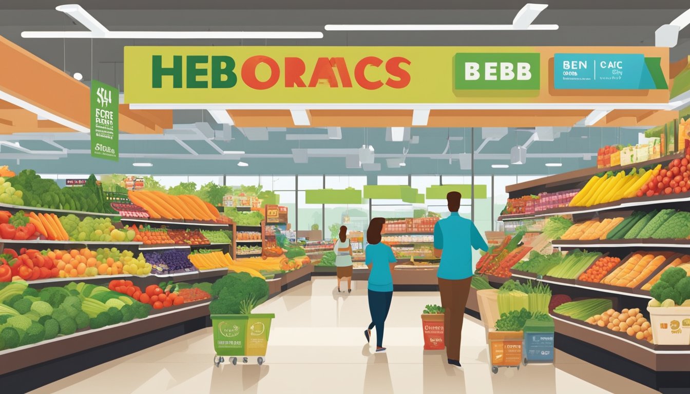 A bustling grocery store aisle filled with vibrant displays of fresh organic produce and health food offerings, with colorful signage highlighting HEB's marketing strategies