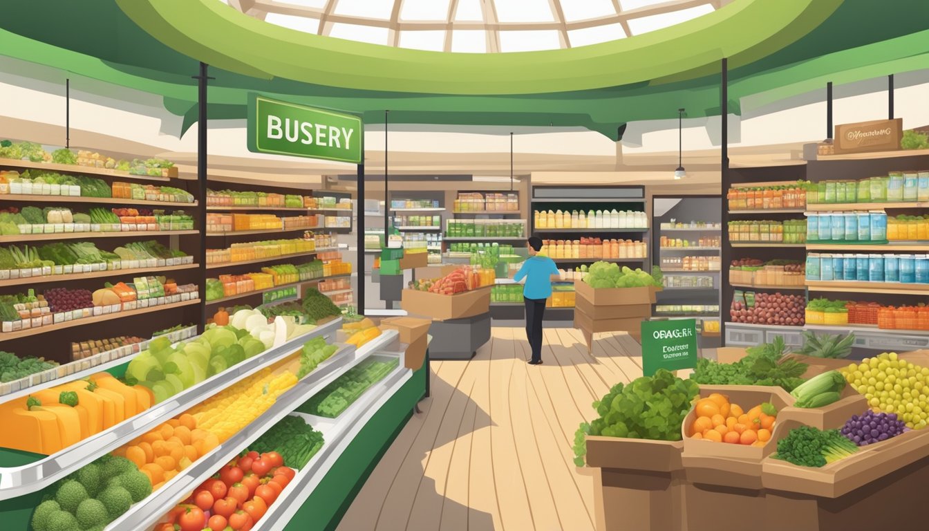 A bustling grocery store with vibrant displays of organic and health foods, surrounded by eco-friendly packaging and sustainable product labels