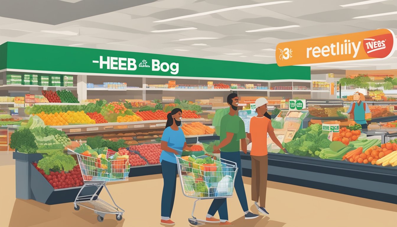 A bustling grocery store with customers using HEB's reusable bags, surrounded by vibrant produce and eco-friendly signage