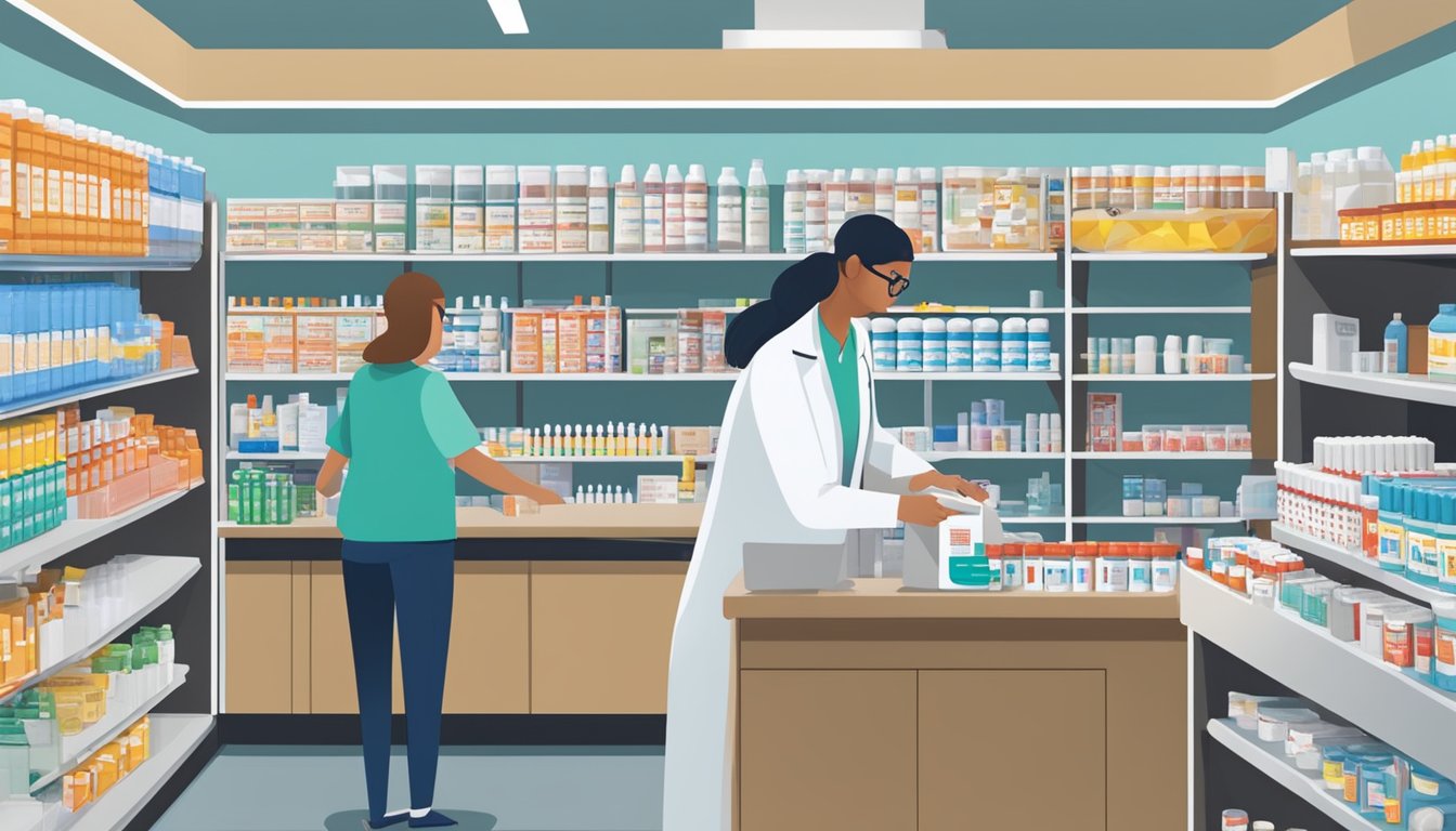 A pharmacist filling prescriptions behind the counter at an H-E-B Pharmacy, with shelves of medications and medical supplies neatly organized in the background