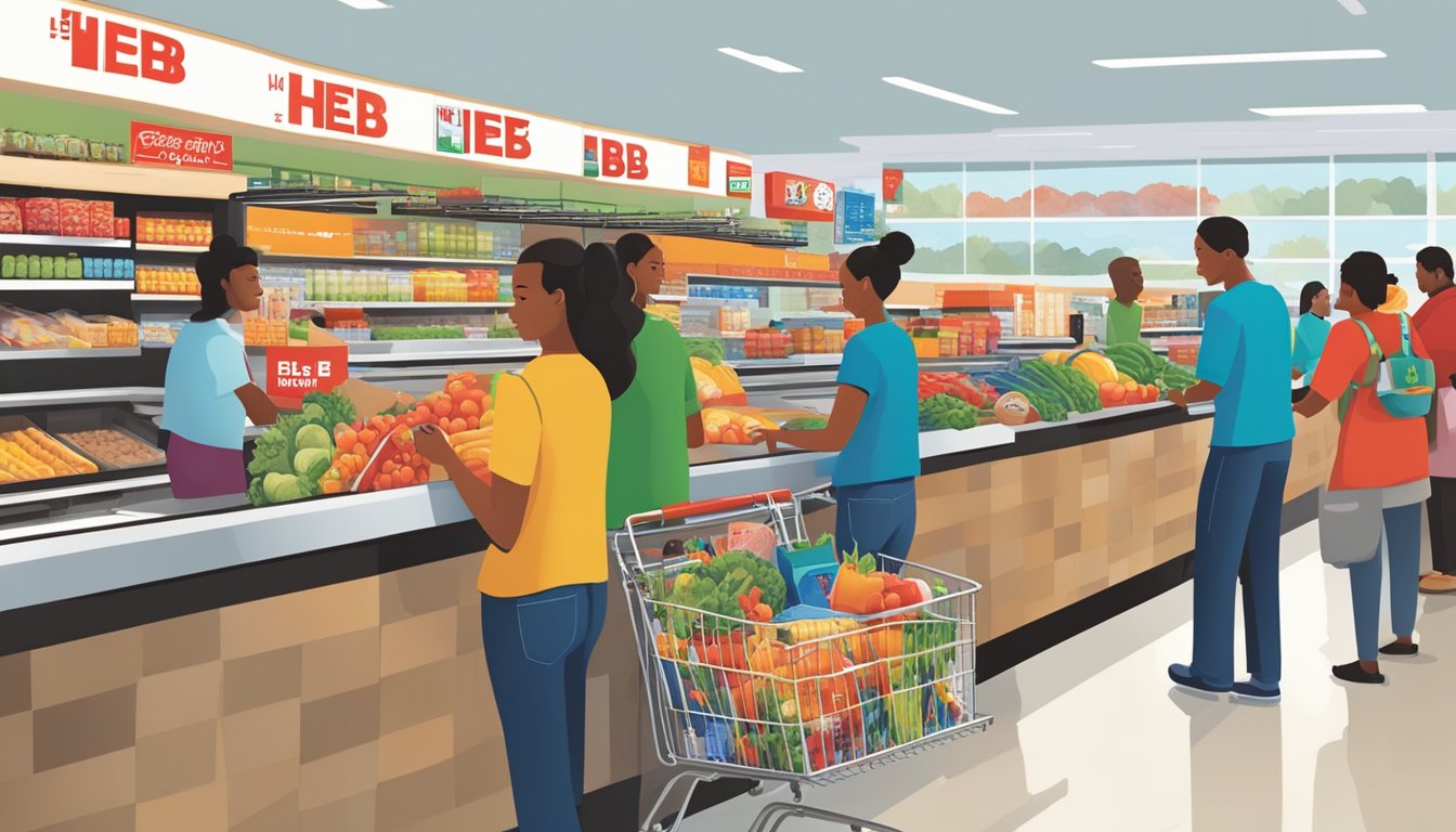 A bustling grocery store checkout line, with customers happily using H-E-B reusable bags. The bags display the iconic H-E-B logo and vibrant designs