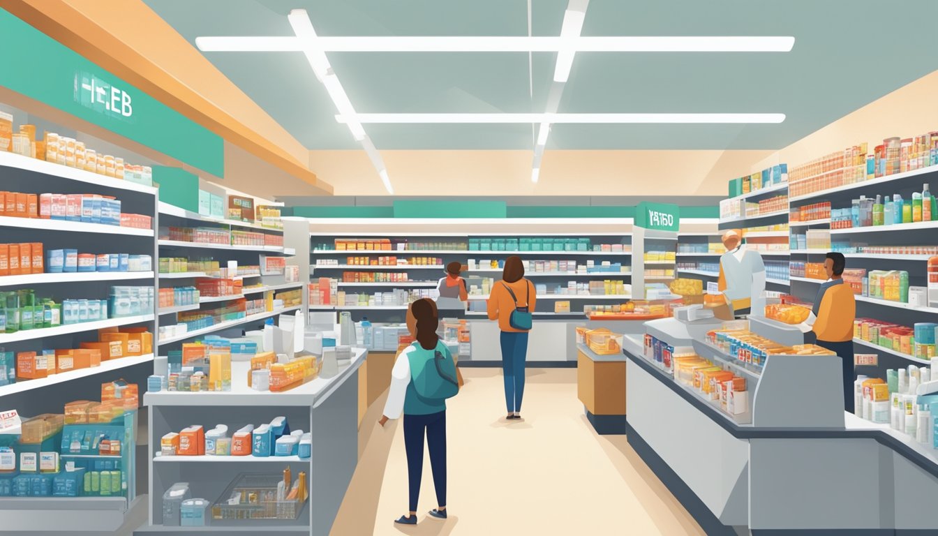 A bustling H-E-B store with a prominent pharmacy section, customers interacting with pharmacists, and shelves stocked with various medications and health products