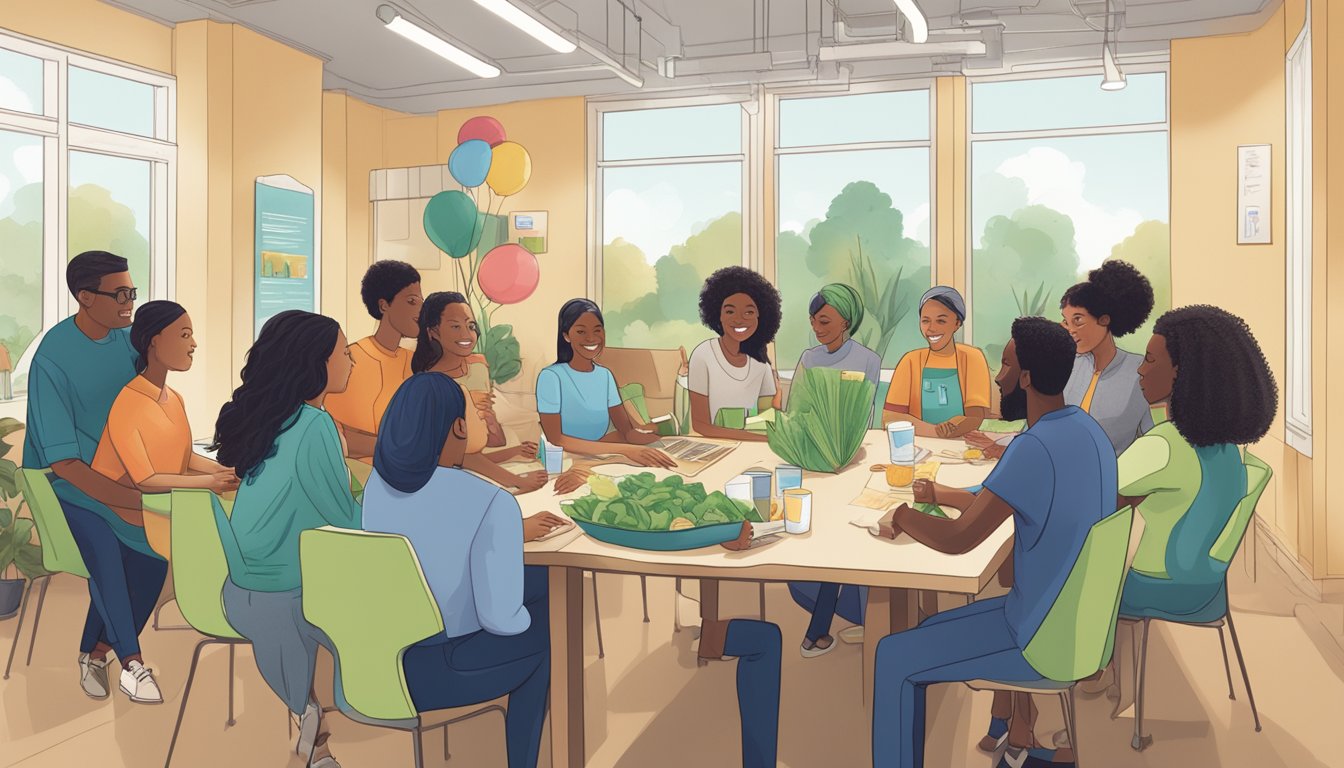 A group of diverse people gather around a table, sharing ideas and collaborating on community projects. A stack of HEB reusable bags sits prominently in the center, symbolizing the company's commitment to sustainability and education