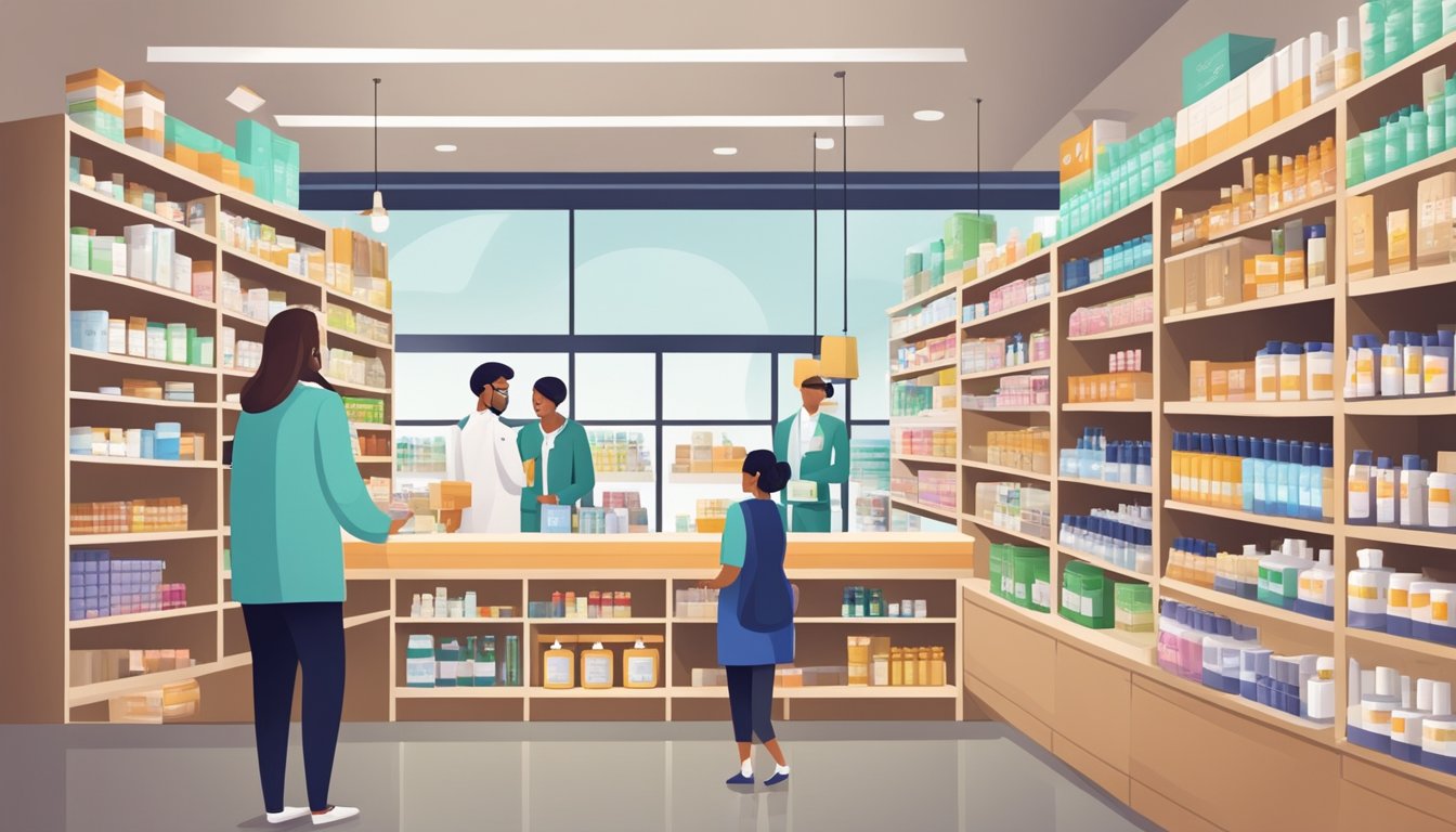 A pharmacist assisting a customer at the pharmacy counter, shelves stocked with various medications and products, a welcoming and organized store layout