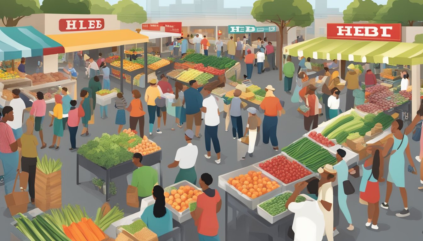 A bustling farmers market with HEB logo prominently displayed, surrounded by diverse community members interacting and enjoying local produce and products