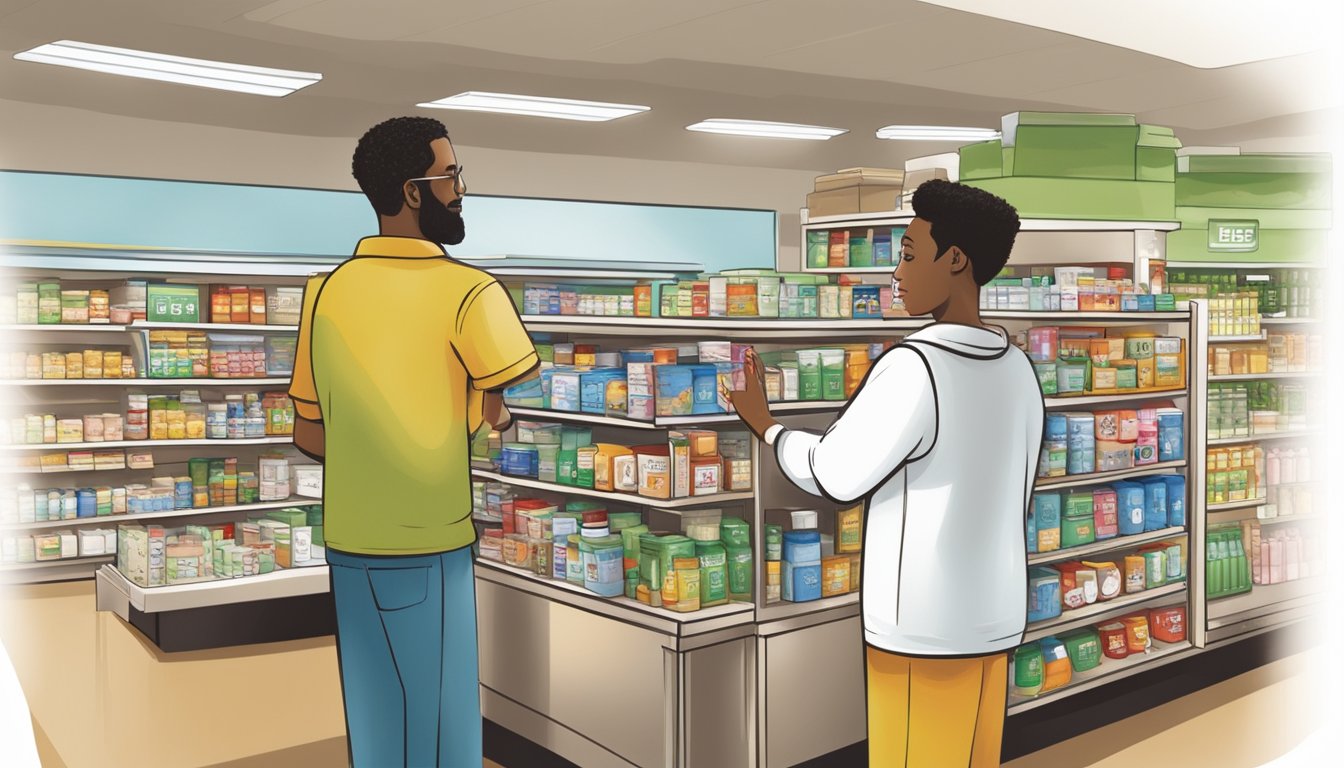 A bustling HEB pharmacy with friendly staff assisting diverse customers, while the store supports local community initiatives through its Corporate Social Responsibility program