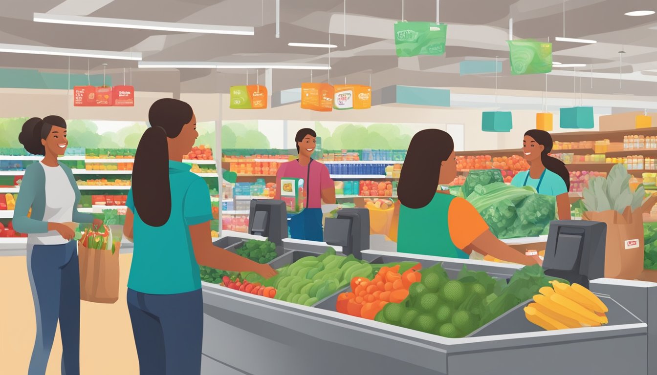 A bustling grocery store checkout line, with customers happily filling their HEB reusable bags with fresh produce and groceries. The cashier smiles as she scans the items into the bags