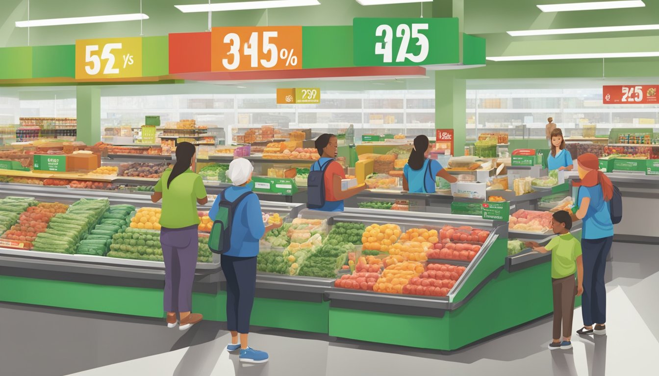 A bustling grocery store checkout counter with customers using HEB's iconic reusable bags, showcasing the company's strategic partnerships and environmental impact