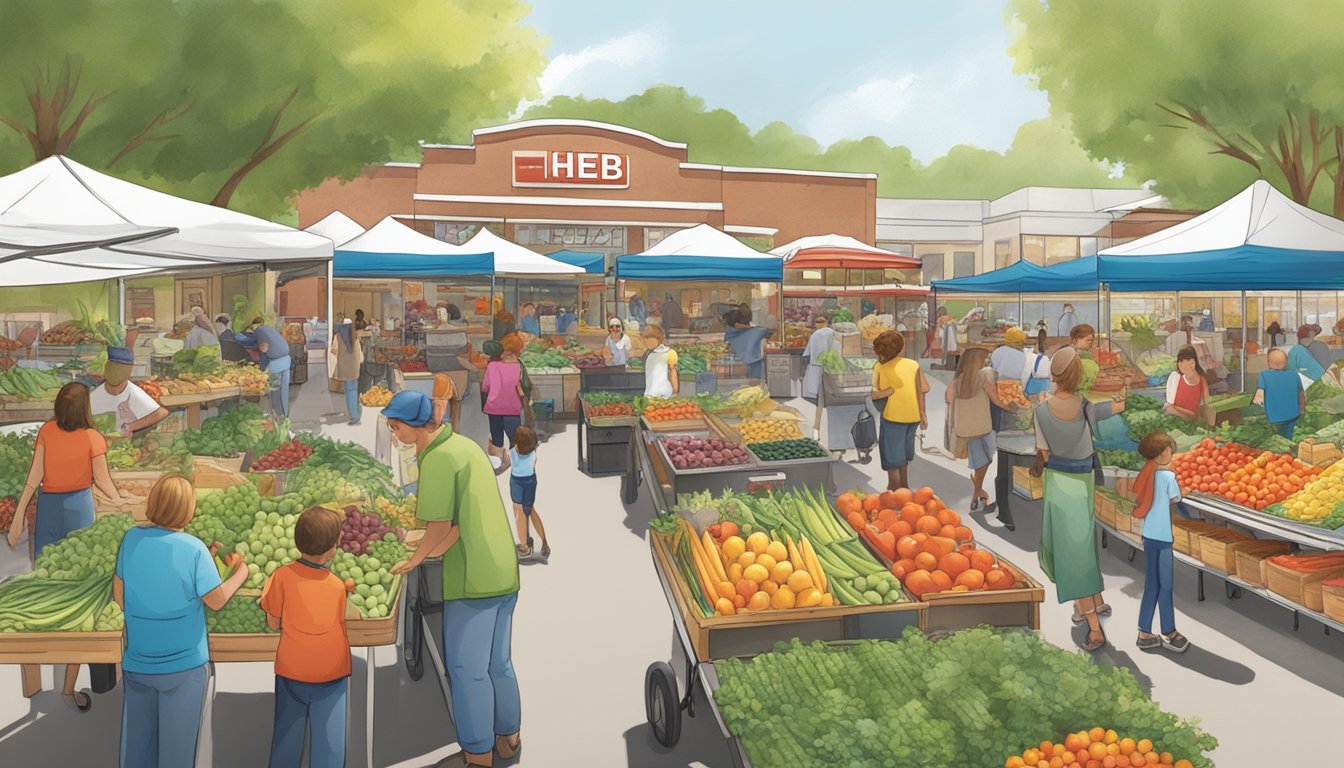 A bustling farmer's market with vendors and customers, live music, and children playing in a park adjacent to an HEB grocery store