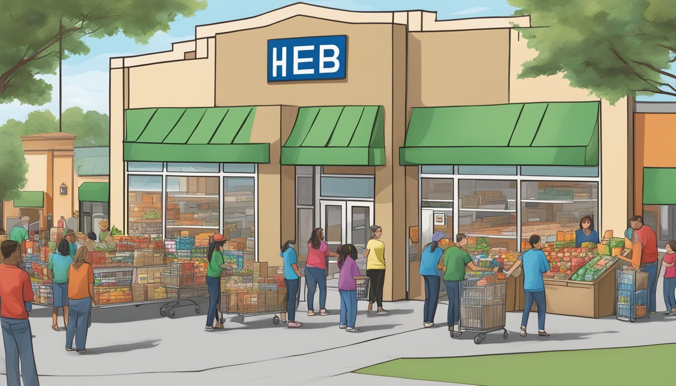 HEB store surrounded by local businesses, schools, and community events. Volunteers distributing food and supplies to families in need