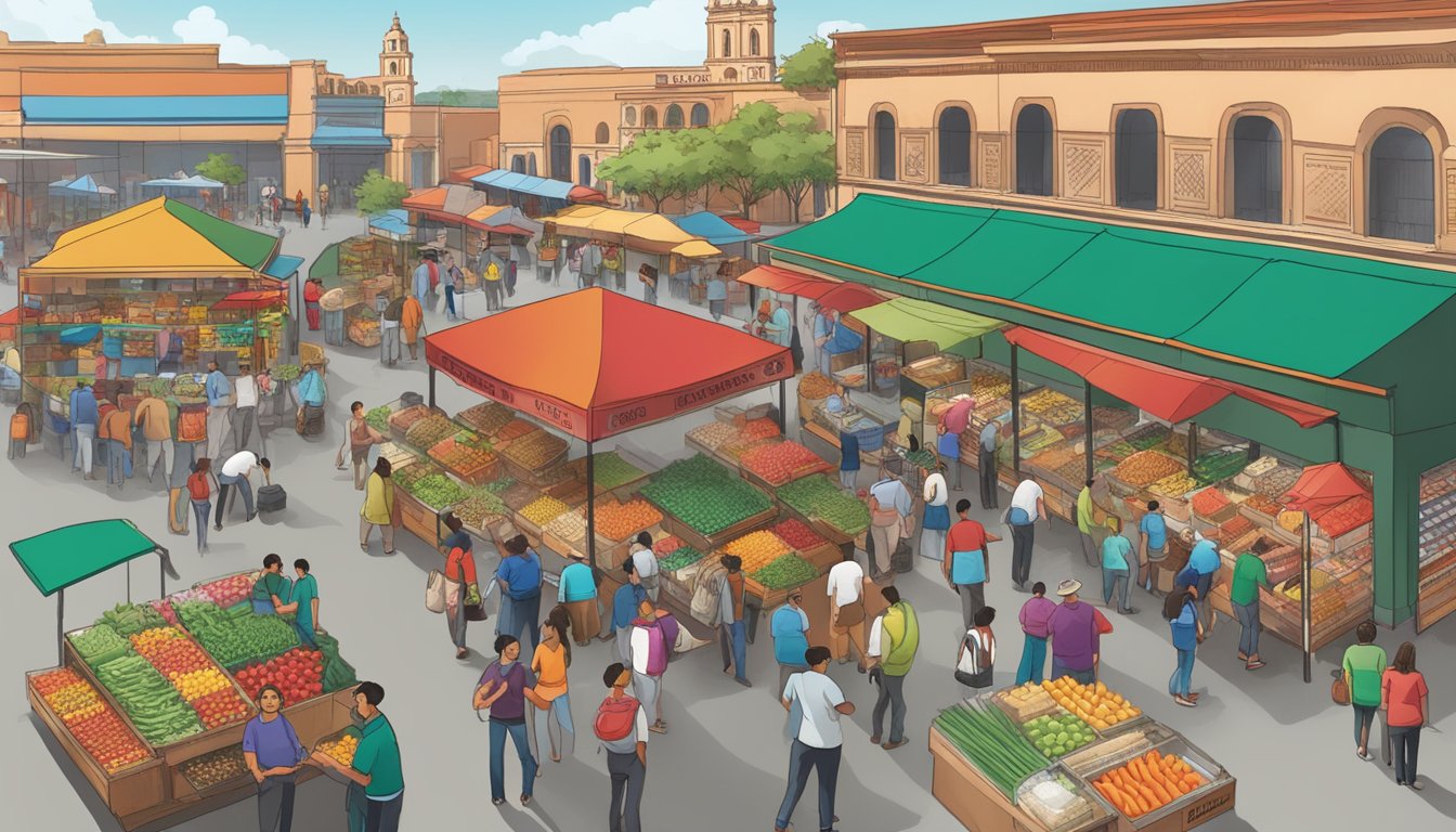 A bustling marketplace with diverse vendors and customers, showcasing HEB's community involvement in Mexico through cross-border initiatives